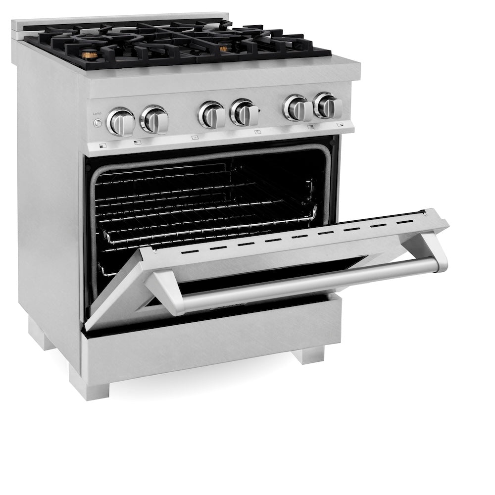 30 In. 4.0 Cu. Ft. Legacy Dual Fuel Range With Gas Cooktop And Electric Convection Oven In Satin Stainless Steel With 4 Brass Burners RASSNBR30