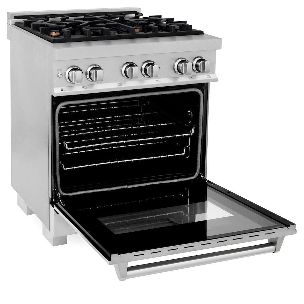 30 In. 4.0 Cu. Ft. Legacy Dual Fuel Range With Gas Cooktop And Electric Convection Oven In Satin Stainless Steel With 4 Brass Burners RASSNBR30