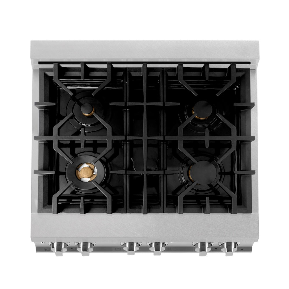 30 In. 4.0 Cu. Ft. Legacy Dual Fuel Range With Gas Cooktop And Electric Convection Oven In Satin Stainless Steel With 4 Brass Burners RASSNBR30