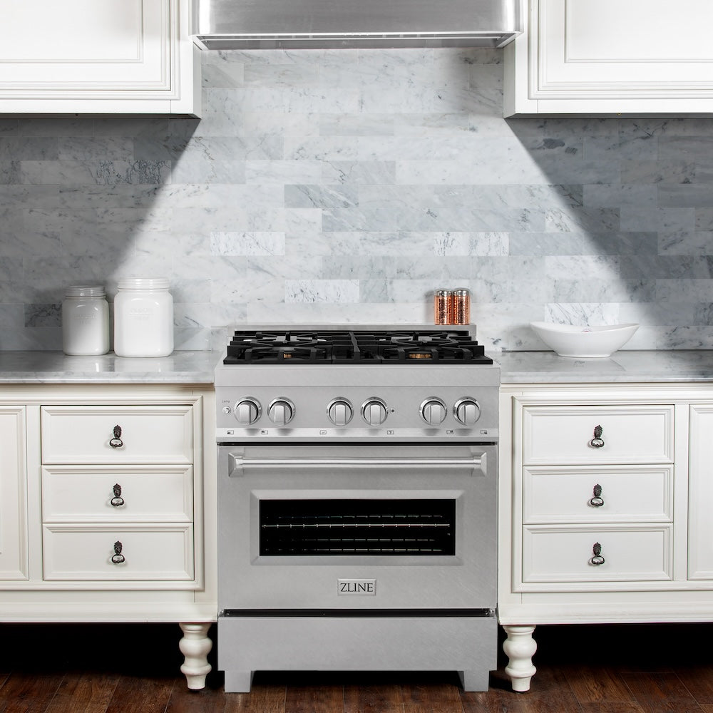 30 In. 4.0 Cu. Ft. Legacy Dual Fuel Range With Gas Cooktop And Electric Convection Oven In Satin Stainless Steel With 4 Brass Burners RASSNBR30