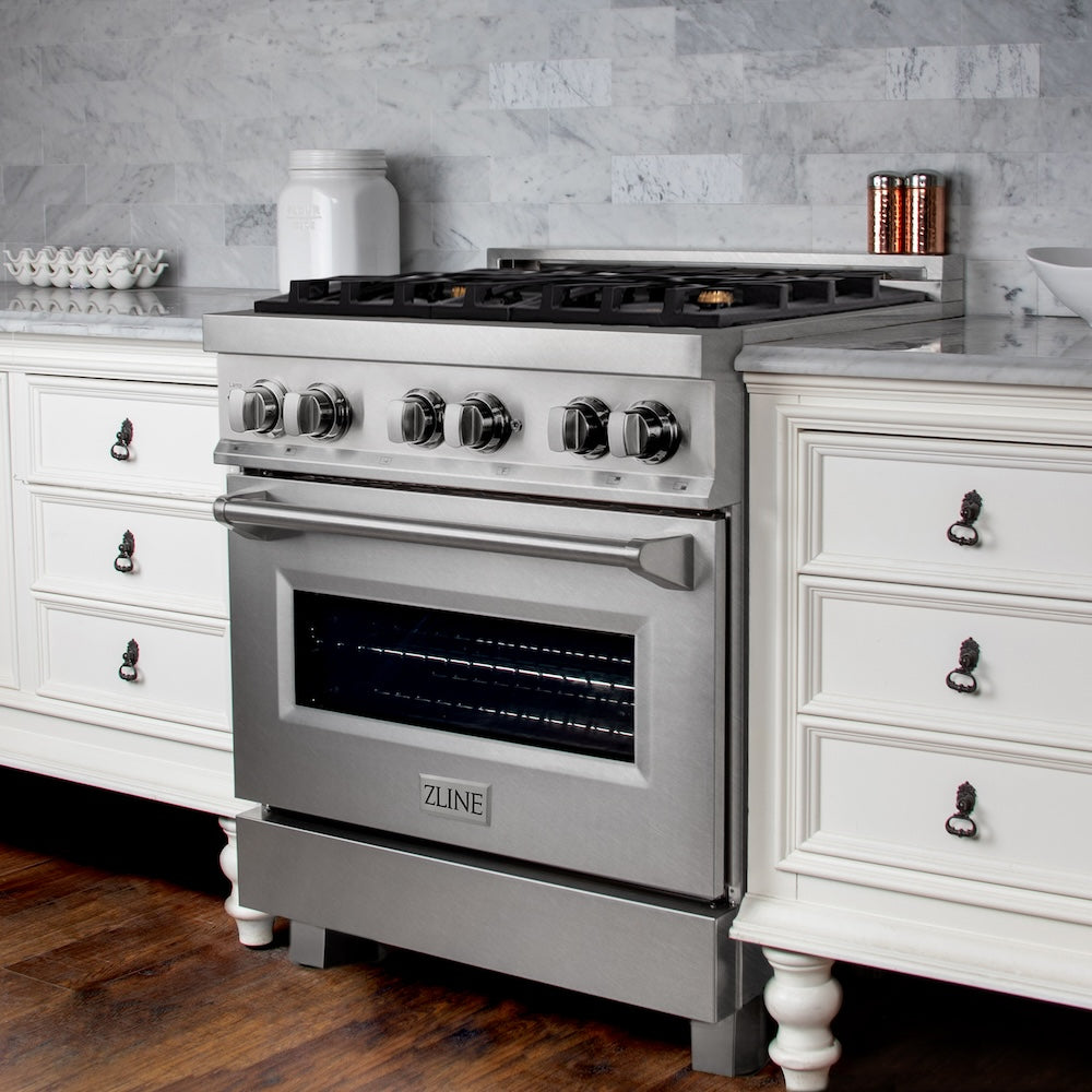 30 In. 4.0 Cu. Ft. Legacy Dual Fuel Range With Gas Cooktop And Electric Convection Oven In Satin Stainless Steel With 4 Brass Burners RASSNBR30