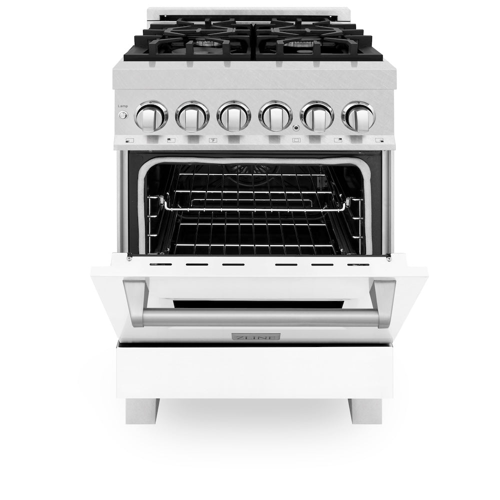 24 In. 2.8 Cu. Ft. Legacy Dual Fuel Range With 4 Burner Gas Cooktop And Electric Convection Oven In Satin Stainless Steel And White Matte Door RASWM24