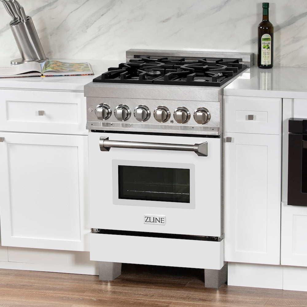 24 In. 2.8 Cu. Ft. Legacy Dual Fuel Range With 4 Burner Gas Cooktop And Electric Convection Oven In Satin Stainless Steel And White Matte Door RASWM24