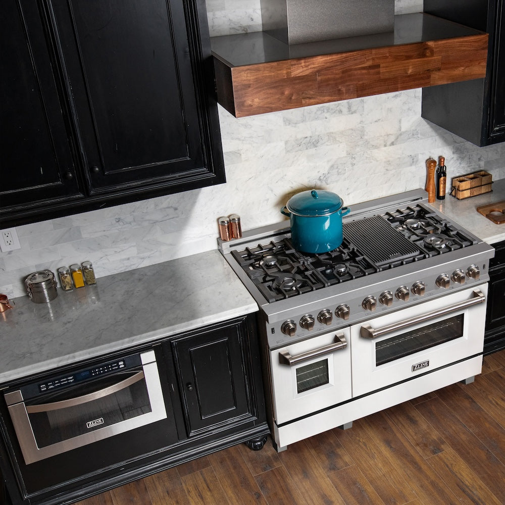 48 In. 6.0 Cu. Ft. Legacy Dual Fuel Range With 7 Burner Gas Cooktop And 2 Electric Ovens In Satin Stainless Steel And White Matte Doors RASWM48
