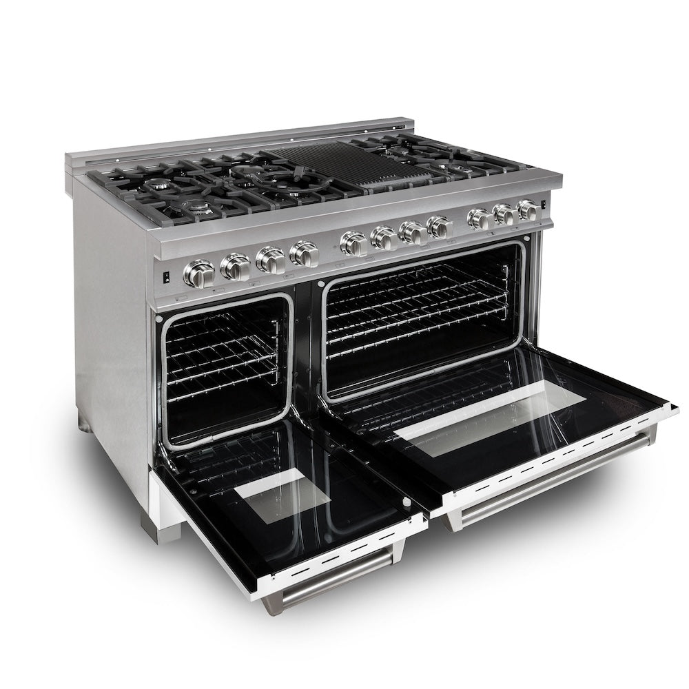 48 In. 6.0 Cu. Ft. Legacy Dual Fuel Range With 7 Burner Gas Cooktop And 2 Electric Ovens In Satin Stainless Steel And White Matte Doors RASWM48