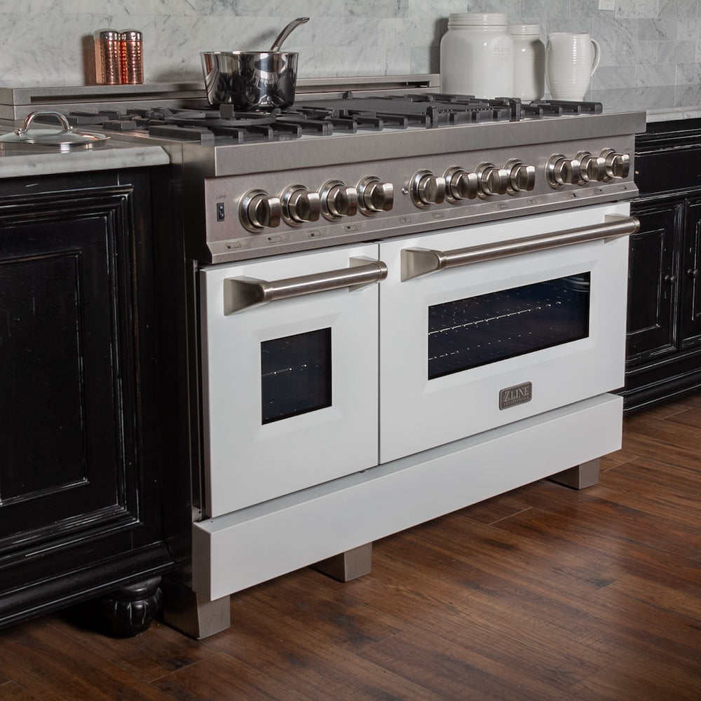 48 In. 6.0 Cu. Ft. Legacy Dual Fuel Range With 7 Burner Gas Cooktop And 2 Electric Ovens In Satin Stainless Steel And White Matte Doors RASWM48