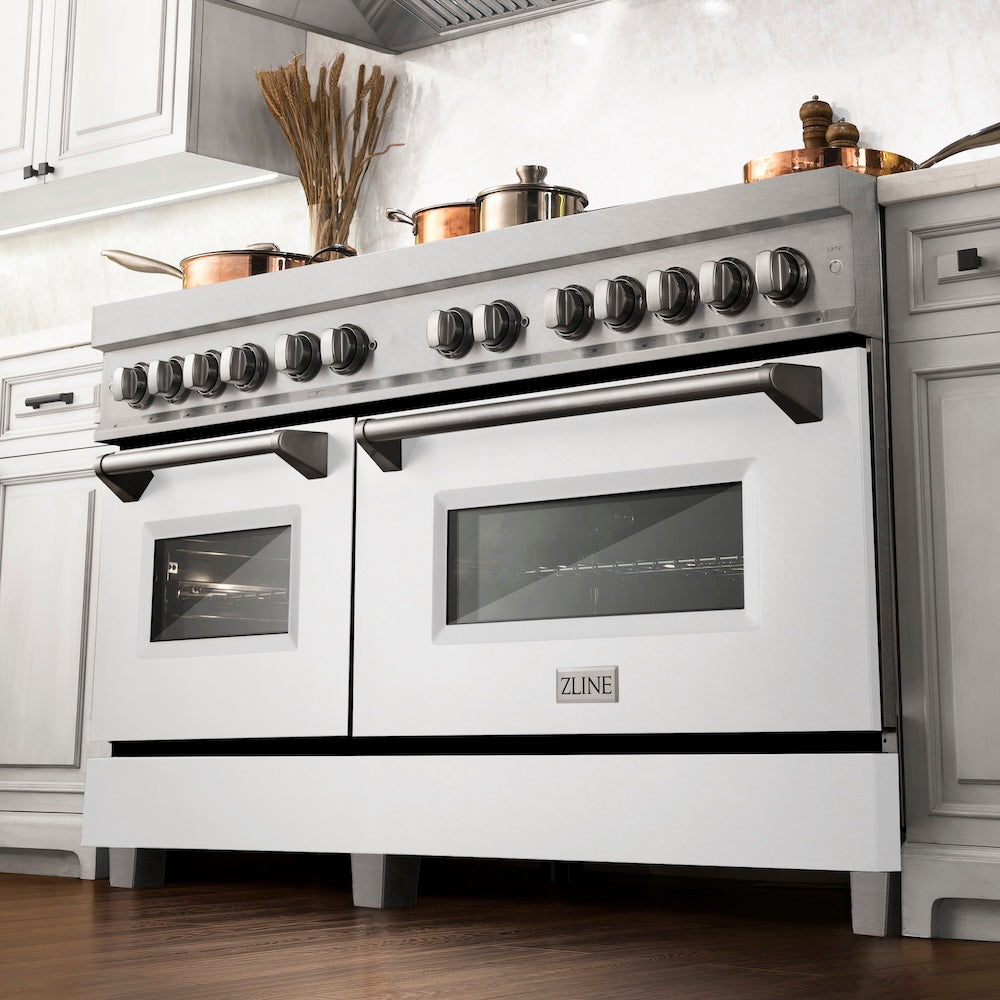 60 In. 7.4 Cu. Ft. Legacy Dual Fuel Range With 9 Burner Gas Cooktop And 2 Electric Convection Ovens In Satin Stainless Steel And White Matte Doors RASWM60