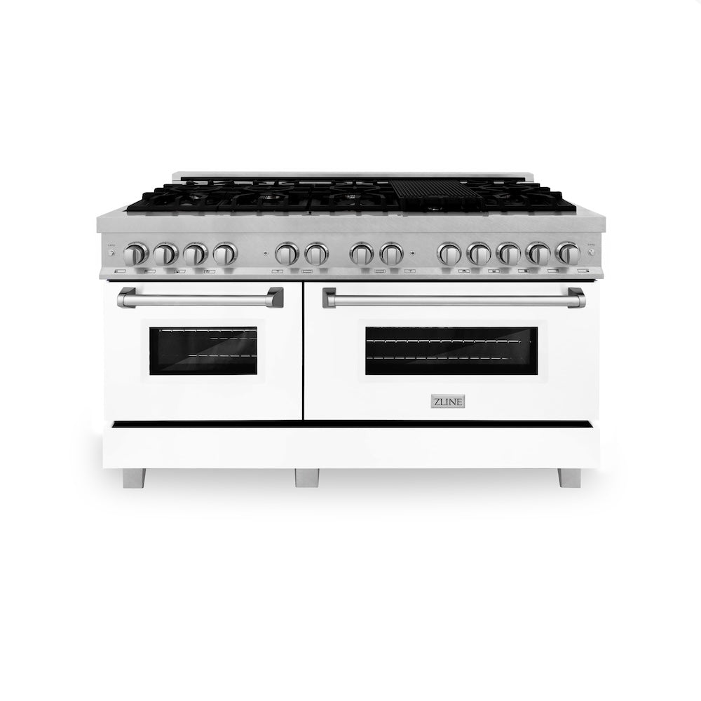 60 In. 7.4 Cu. Ft. Legacy Dual Fuel Range With 9 Burner Gas Cooktop And 2 Electric Convection Ovens In Satin Stainless Steel And White Matte Doors RASWM60