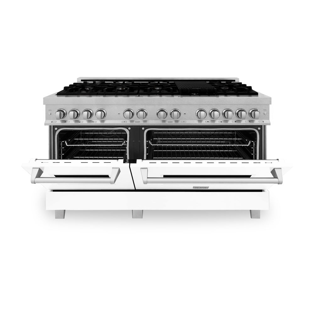 60 In. 7.4 Cu. Ft. Legacy Dual Fuel Range With 9 Burner Gas Cooktop And 2 Electric Convection Ovens In Satin Stainless Steel And White Matte Doors RASWM60