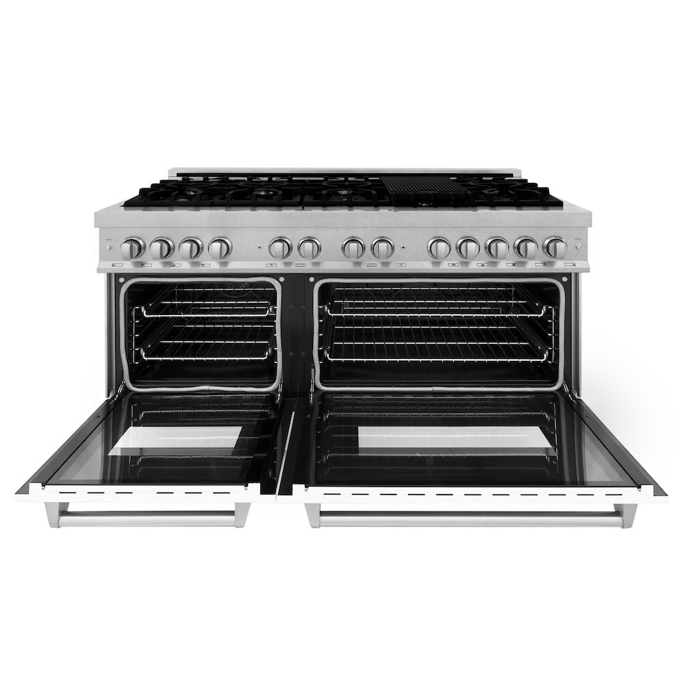 60 In. 7.4 Cu. Ft. Legacy Dual Fuel Range With 9 Burner Gas Cooktop And 2 Electric Convection Ovens In Satin Stainless Steel And White Matte Doors RASWM60