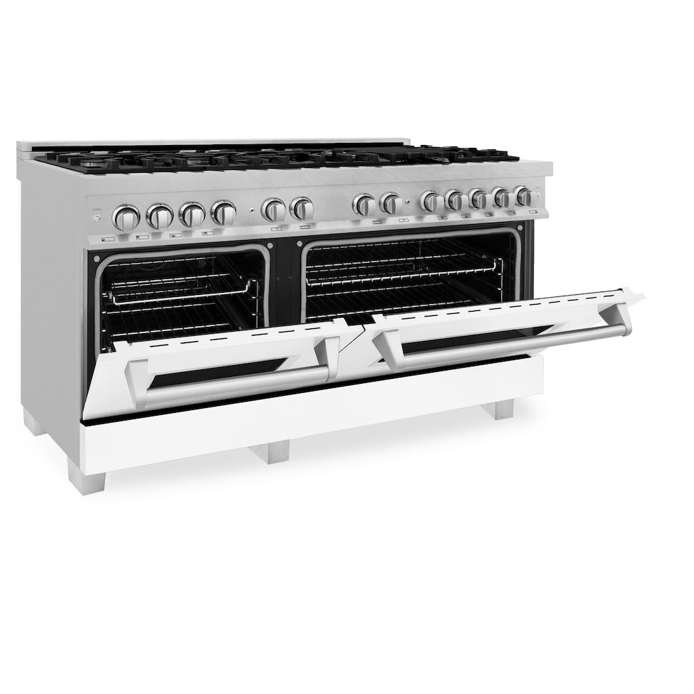 60 In. 7.4 Cu. Ft. Legacy Dual Fuel Range With 9 Burner Gas Cooktop And 2 Electric Convection Ovens In Satin Stainless Steel And White Matte Doors RASWM60