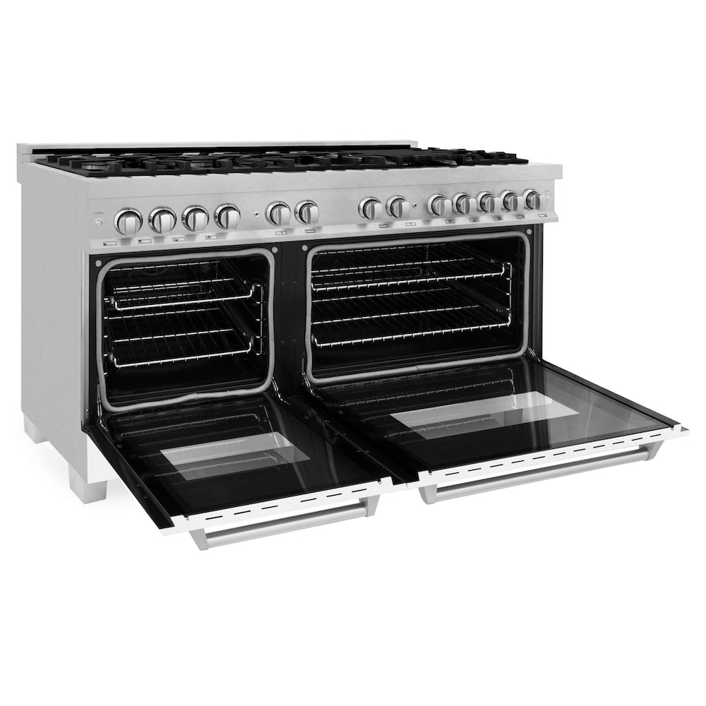 60 In. 7.4 Cu. Ft. Legacy Dual Fuel Range With 9 Burner Gas Cooktop And 2 Electric Convection Ovens In Satin Stainless Steel And White Matte Doors RASWM60