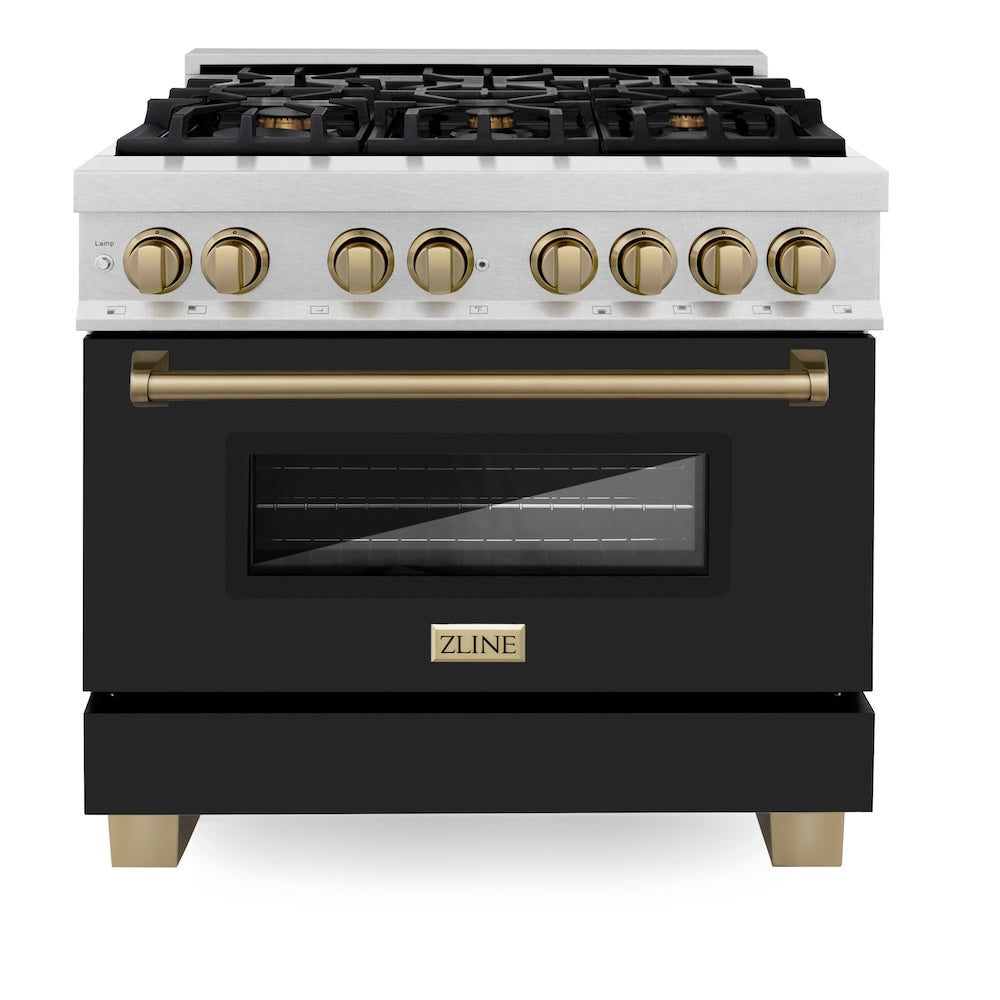 Autograph Edition 36 In. 4.6 Cu. Ft. Legacy Dual Fuel Range With 6 Burner Gas Cooktop And Electric Convection Oven In Satin Stainless Steel With Black Matte Door And Champagne Bronze Accents RASZBLM36CB