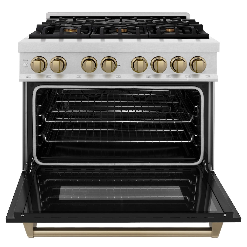 Autograph Edition 36 In. 4.6 Cu. Ft. Legacy Dual Fuel Range With 6 Burner Gas Cooktop And Electric Convection Oven In Satin Stainless Steel With Black Matte Door And Champagne Bronze Accents RASZBLM36CB