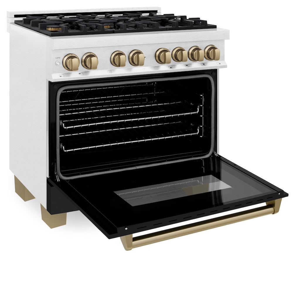 Autograph Edition 36 In. 4.6 Cu. Ft. Legacy Dual Fuel Range With 6 Burner Gas Cooktop And Electric Convection Oven In Satin Stainless Steel With Black Matte Door And Champagne Bronze Accents RASZBLM36CB