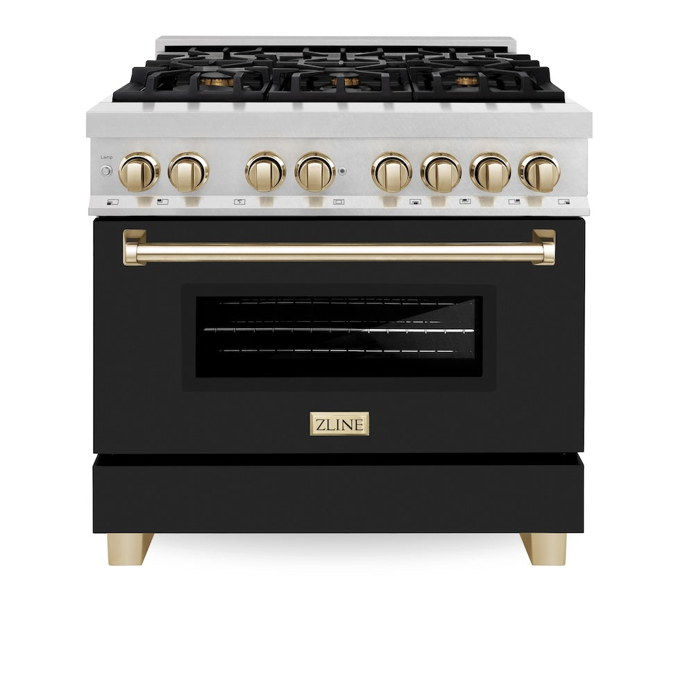 Autograph Edition 36 In. 4.6 Cu. Ft. Legacy Dual Fuel Range With 6 Burner Gas Cooktop And Electric Convection Oven In Satin Stainless Steel With Black Matte Door And Polished Gold Accents RASZBLM36G