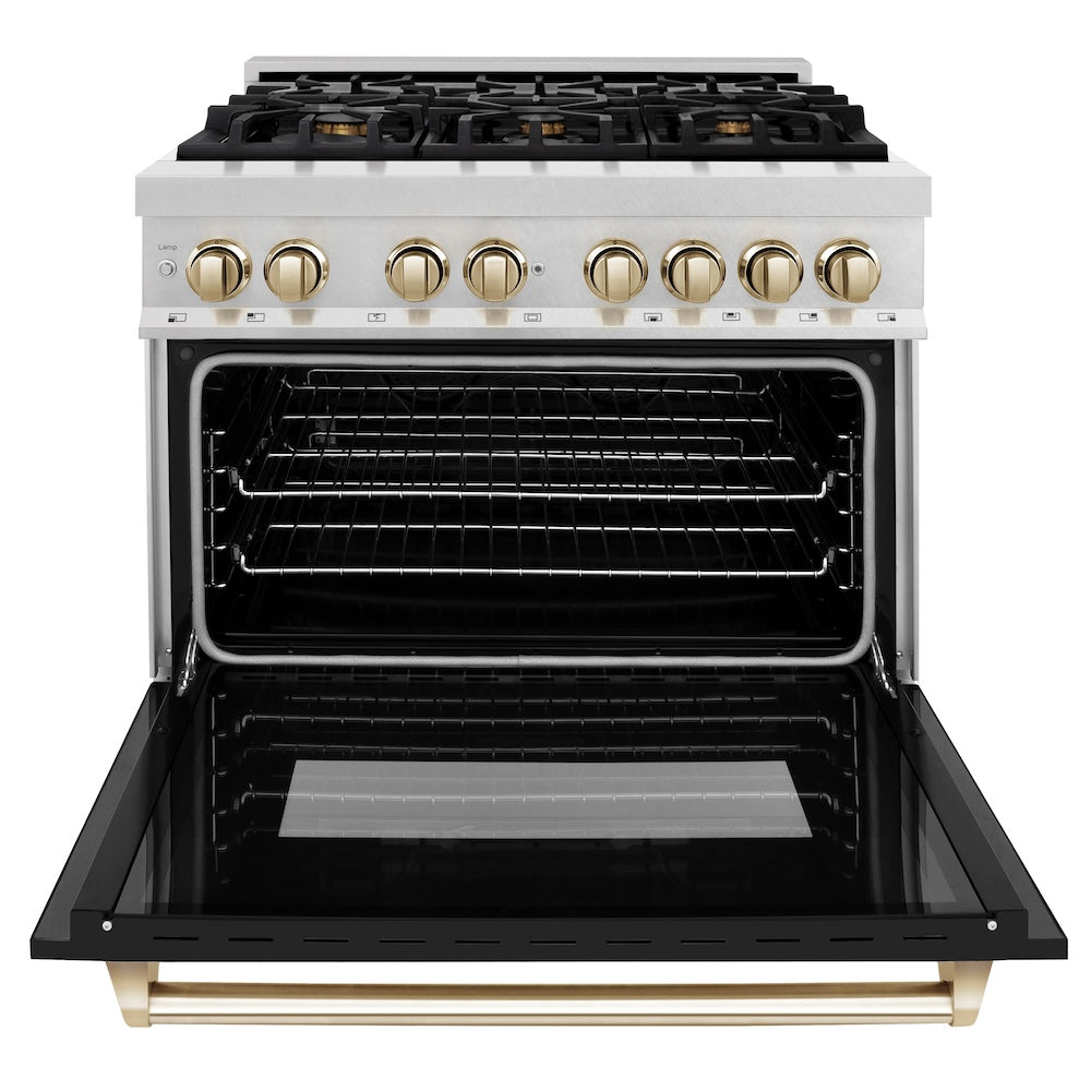 Autograph Edition 36 In. 4.6 Cu. Ft. Legacy Dual Fuel Range With 6 Burner Gas Cooktop And Electric Convection Oven In Satin Stainless Steel With Black Matte Door And Polished Gold Accents RASZBLM36G