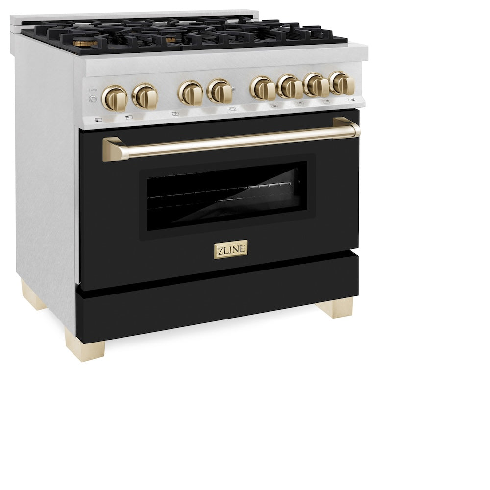Autograph Edition 36 In. 4.6 Cu. Ft. Legacy Dual Fuel Range With 6 Burner Gas Cooktop And Electric Convection Oven In Satin Stainless Steel With Black Matte Door And Polished Gold Accents RASZBLM36G