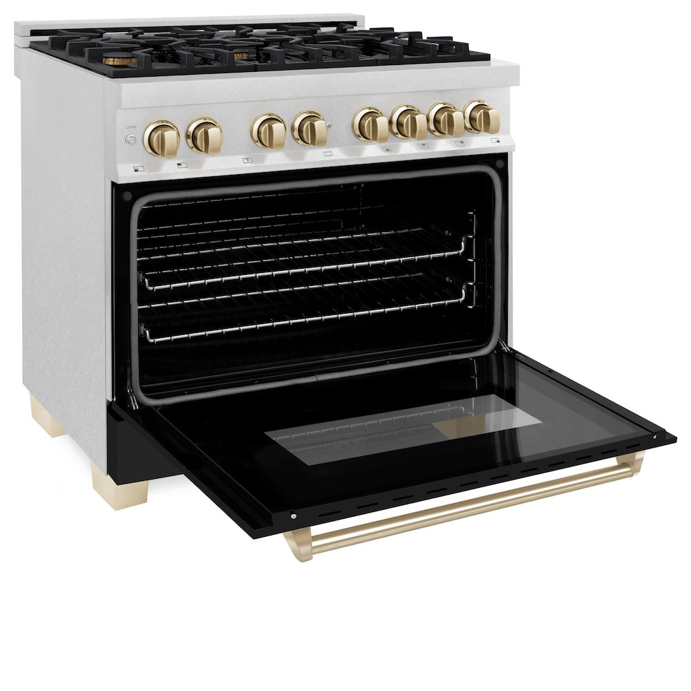 Autograph Edition 36 In. 4.6 Cu. Ft. Legacy Dual Fuel Range With 6 Burner Gas Cooktop And Electric Convection Oven In Satin Stainless Steel With Black Matte Door And Polished Gold Accents RASZBLM36G