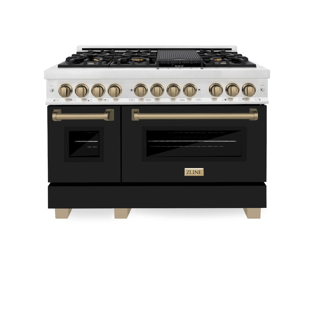 Autograph Edition 48 In. 6.0 Cu. Ft. Legacy Dual Fuel Range With 7 Burner Gas Cooktop And 2 Electric Ovens In Satin Stainless Steel With Black Matte Doors And Champagne Bronze Accents RASZBLM48CB