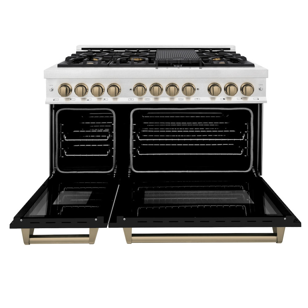 Autograph Edition 48 In. 6.0 Cu. Ft. Legacy Dual Fuel Range With 7 Burner Gas Cooktop And 2 Electric Ovens In Satin Stainless Steel With Black Matte Doors And Champagne Bronze Accents RASZBLM48CB