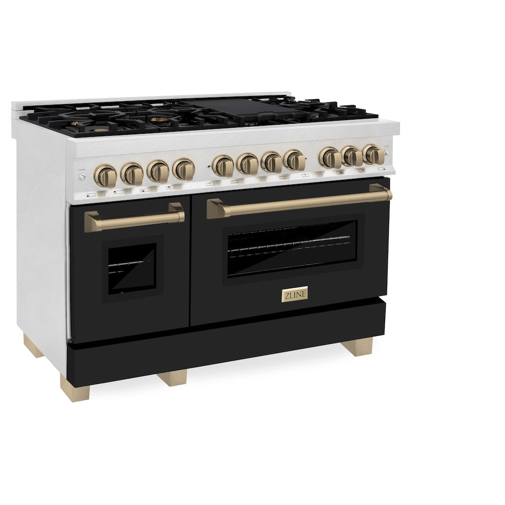 Autograph Edition 48 In. 6.0 Cu. Ft. Legacy Dual Fuel Range With 7 Burner Gas Cooktop And 2 Electric Ovens In Satin Stainless Steel With Black Matte Doors And Champagne Bronze Accents RASZBLM48CB