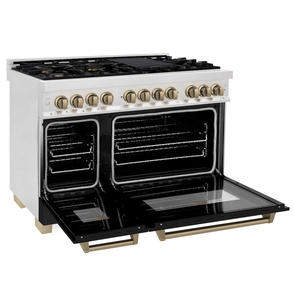 Autograph Edition 48 In. 6.0 Cu. Ft. Legacy Dual Fuel Range With 7 Burner Gas Cooktop And 2 Electric Ovens In Satin Stainless Steel With Black Matte Doors And Champagne Bronze Accents RASZBLM48CB