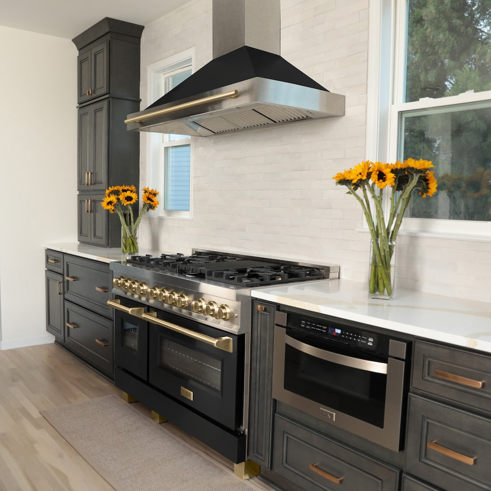 Autograph Edition 48 In. 6.0 Cu. Ft. Legacy Dual Fuel Range With 7 Burner Gas Cooktop And 2 Electric Ovens In Satin Stainless Steel With Black Matte Doors And Champagne Bronze Accents RASZBLM48CB