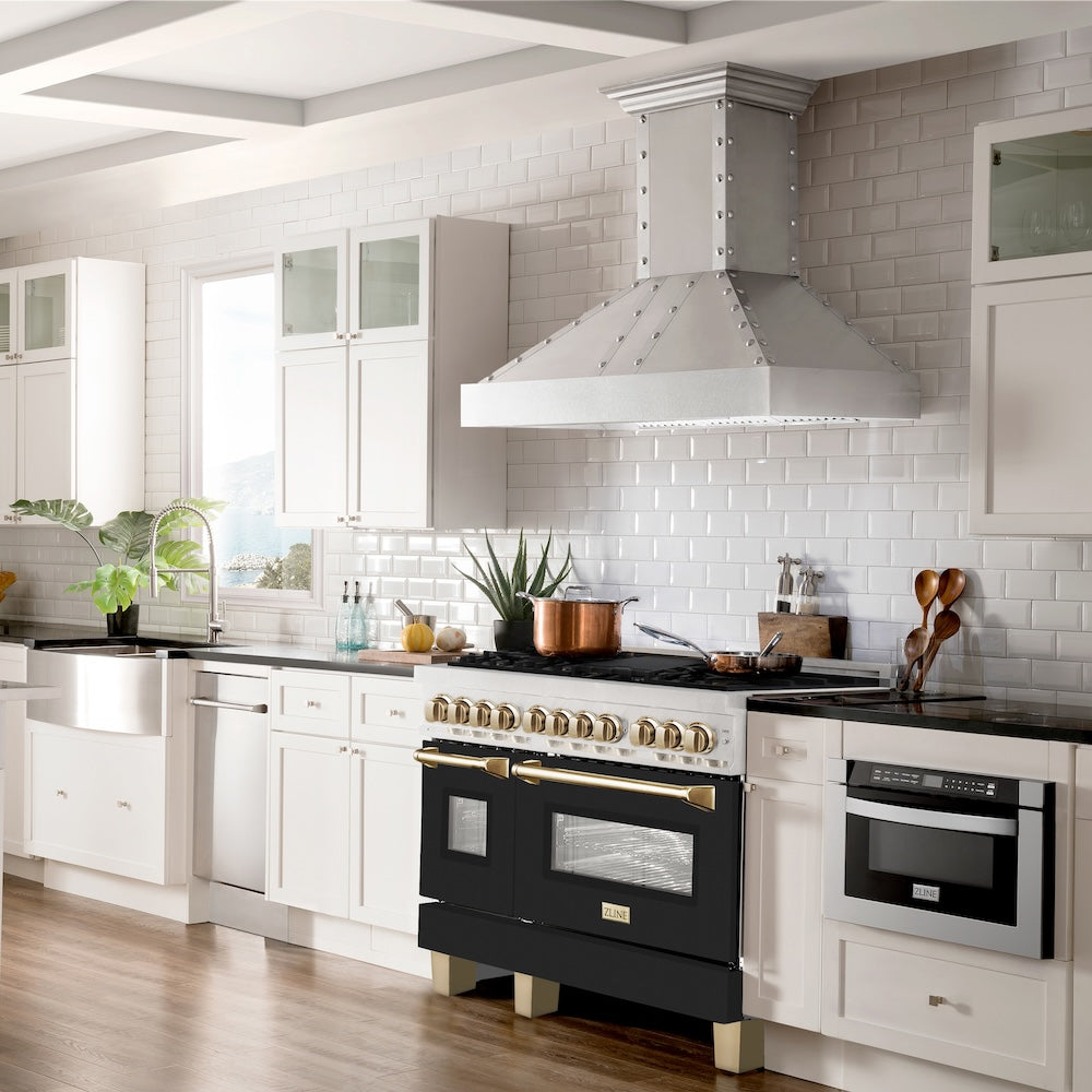 Autograph Edition 48 In. 6.0 Cu. Ft. Legacy Dual Fuel Range With 7 Burner Gas Cooktop And 2 Electric Ovens In Satin Stainless Steel With Black Matte Doors And Polished Gold Accents RASZBLM48G