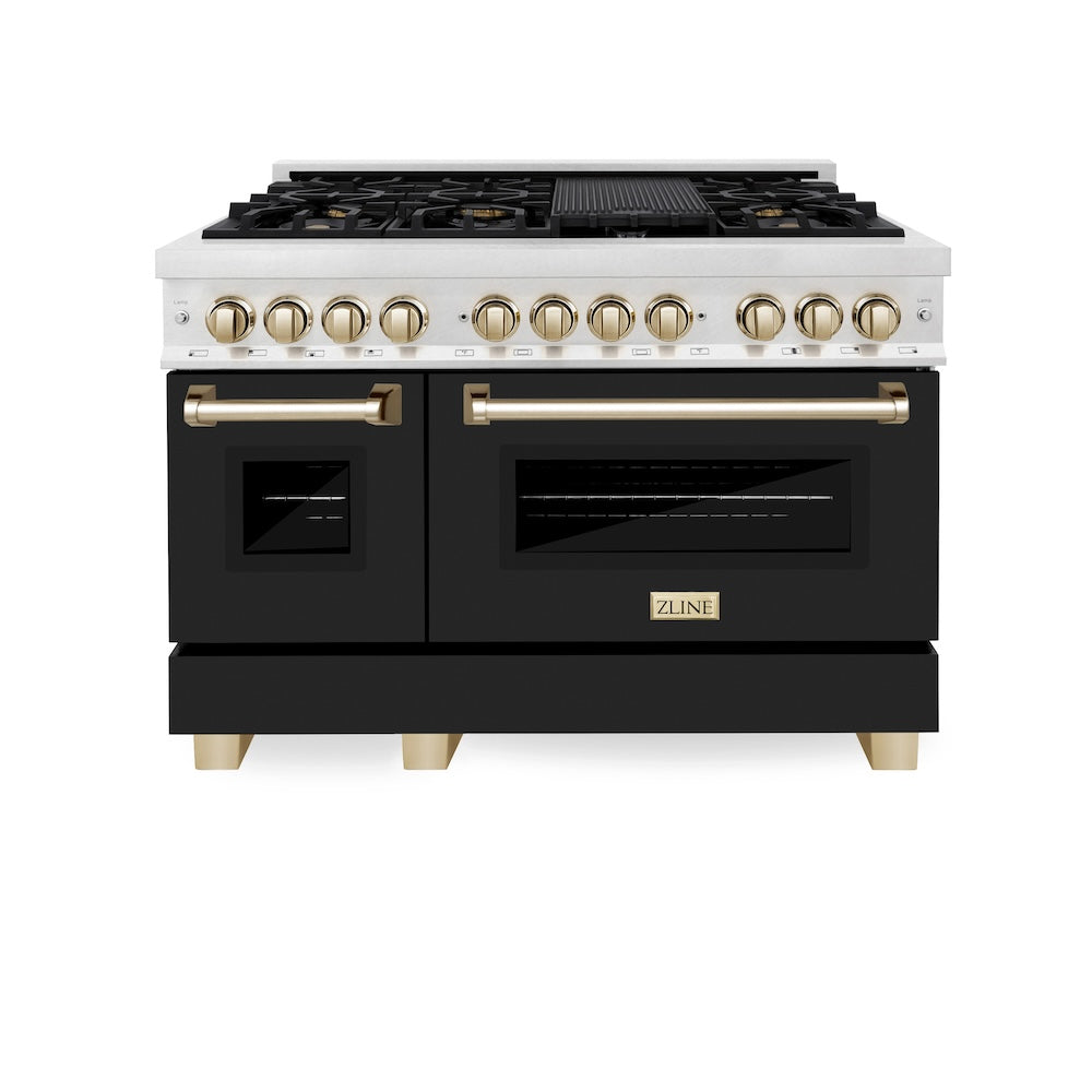 Autograph Edition 48 In. 6.0 Cu. Ft. Legacy Dual Fuel Range With 7 Burner Gas Cooktop And 2 Electric Ovens In Satin Stainless Steel With Black Matte Doors And Polished Gold Accents RASZBLM48G
