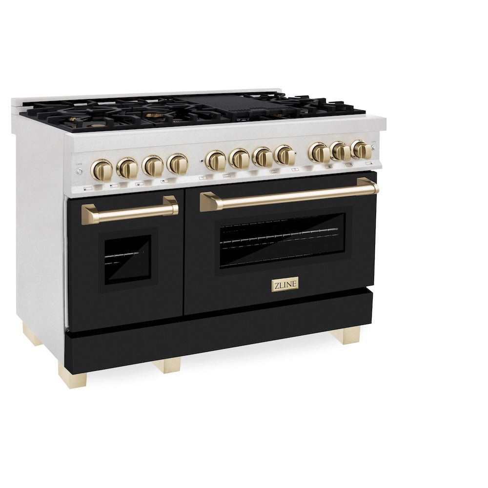 Autograph Edition 48 In. 6.0 Cu. Ft. Legacy Dual Fuel Range With 7 Burner Gas Cooktop And 2 Electric Ovens In Satin Stainless Steel With Black Matte Doors And Polished Gold Accents RASZBLM48G