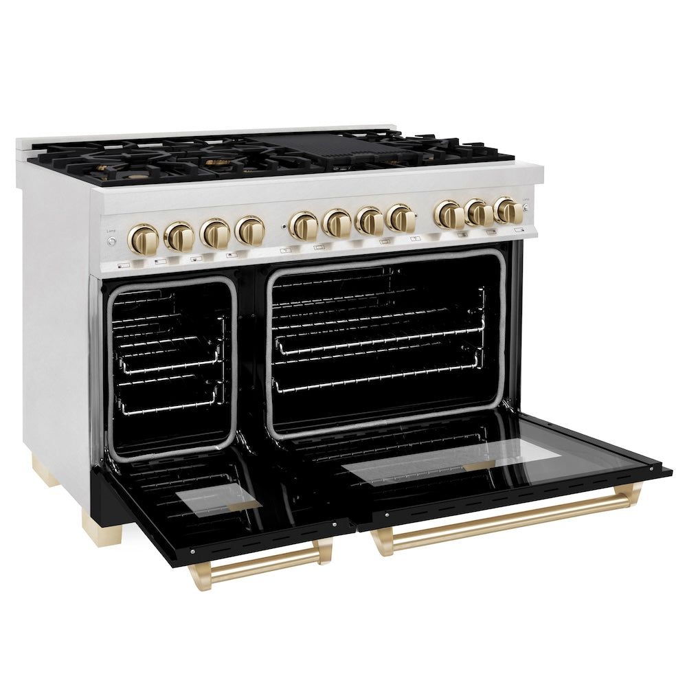 Autograph Edition 48 In. 6.0 Cu. Ft. Legacy Dual Fuel Range With 7 Burner Gas Cooktop And 2 Electric Ovens In Satin Stainless Steel With Black Matte Doors And Polished Gold Accents RASZBLM48G