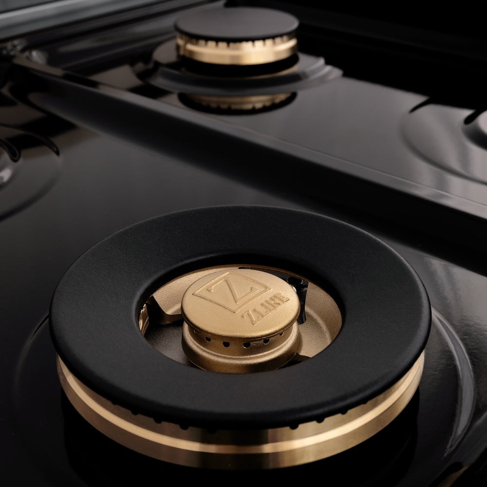 Autograph Edition 48 In. 6.0 Cu. Ft. Legacy Dual Fuel Range With 7 Burner Gas Cooktop And 2 Electric Ovens In Satin Stainless Steel With Black Matte Doors And Polished Gold Accents RASZBLM48G