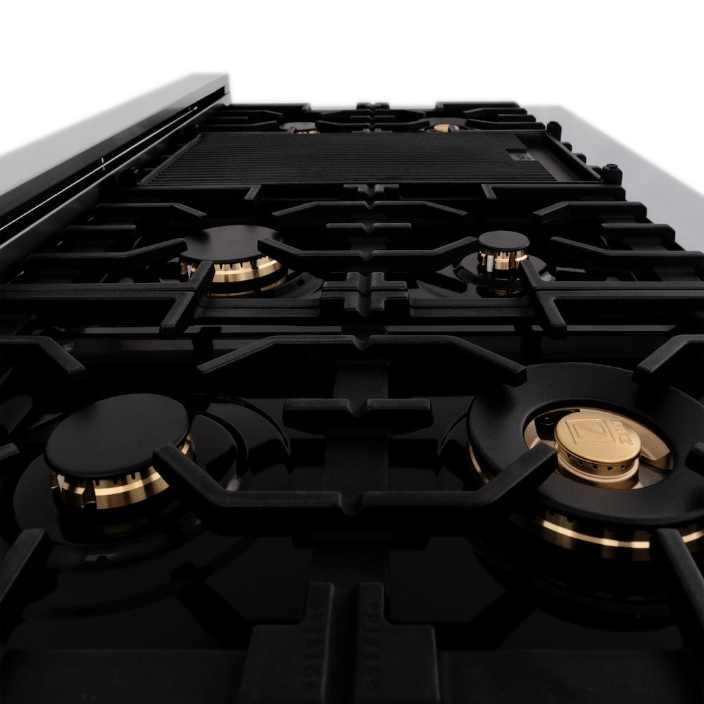 Autograph Edition 48 In. 6.0 Cu. Ft. Legacy Dual Fuel Range With 7 Burner Gas Cooktop And 2 Electric Ovens In Satin Stainless Steel With Black Matte Doors And Polished Gold Accents RASZBLM48G