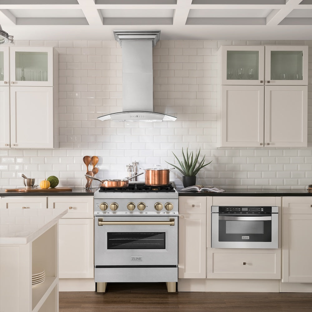 Autograph Edition 30 In. 4.0 Cu. Ft. Legacy Dual Fuel Range With 4 Burner Gas Cooktop And Electric Convection Oven In Satin Stainless Steel And Champagne Bronze Accents RASZSN30CB