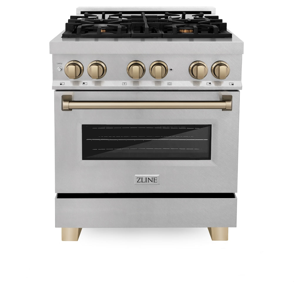Autograph Edition 30 In. 4.0 Cu. Ft. Legacy Dual Fuel Range With 4 Burner Gas Cooktop And Electric Convection Oven In Satin Stainless Steel And Champagne Bronze Accents RASZSN30CB