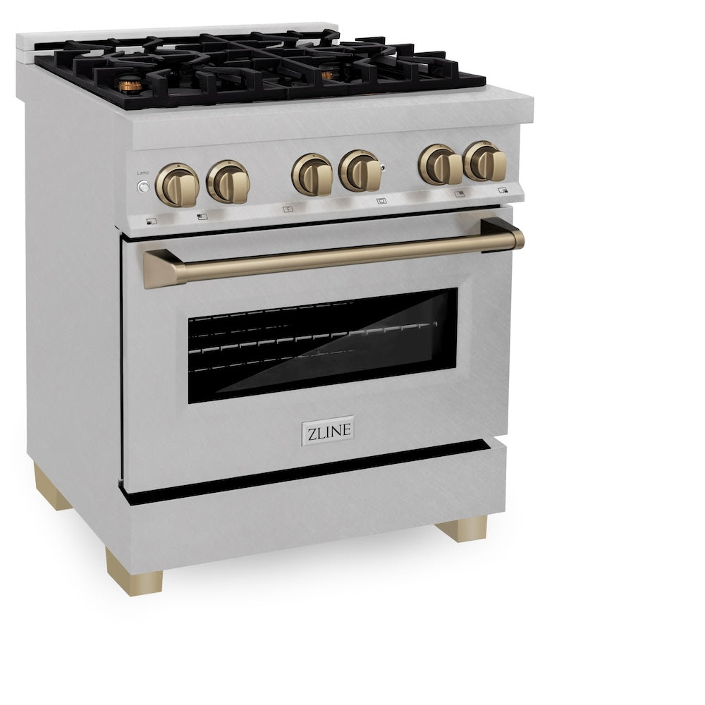 Autograph Edition 30 In. 4.0 Cu. Ft. Legacy Dual Fuel Range With 4 Burner Gas Cooktop And Electric Convection Oven In Satin Stainless Steel And Champagne Bronze Accents RASZSN30CB