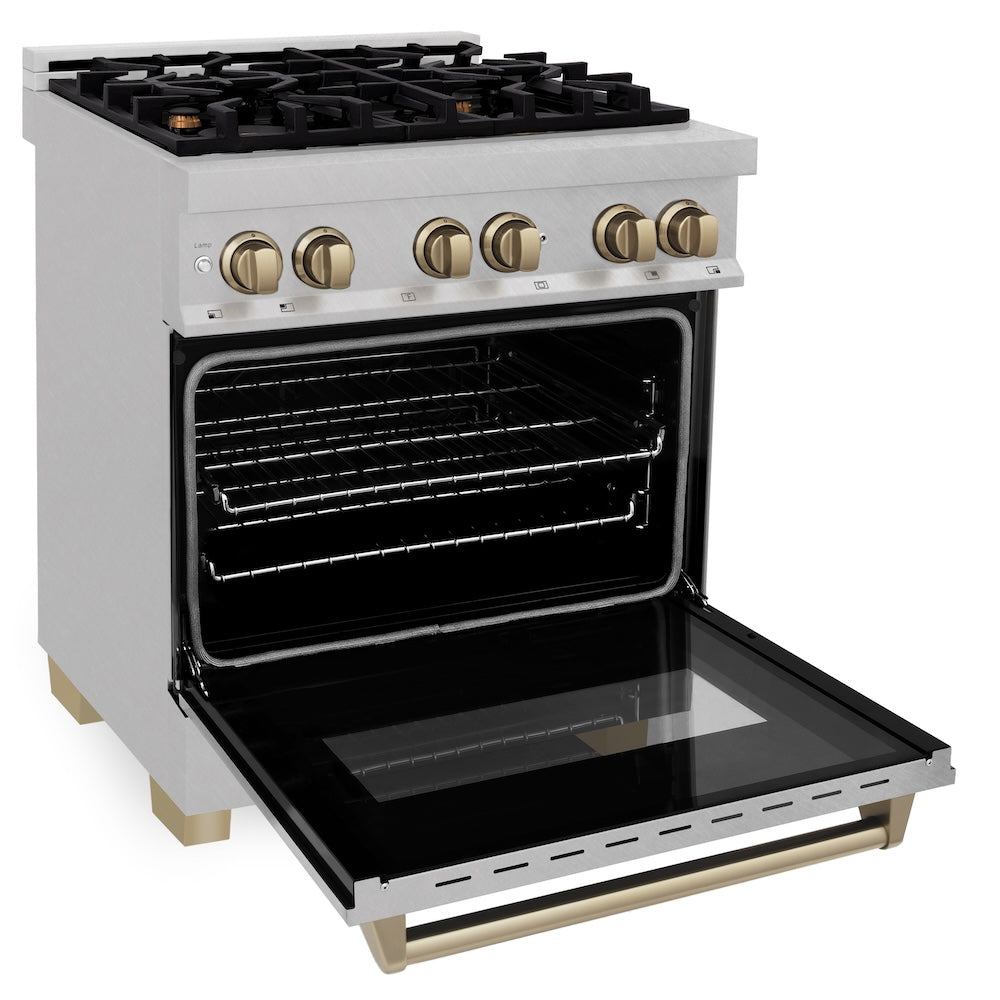 Autograph Edition 30 In. 4.0 Cu. Ft. Legacy Dual Fuel Range With 4 Burner Gas Cooktop And Electric Convection Oven In Satin Stainless Steel And Champagne Bronze Accents RASZSN30CB