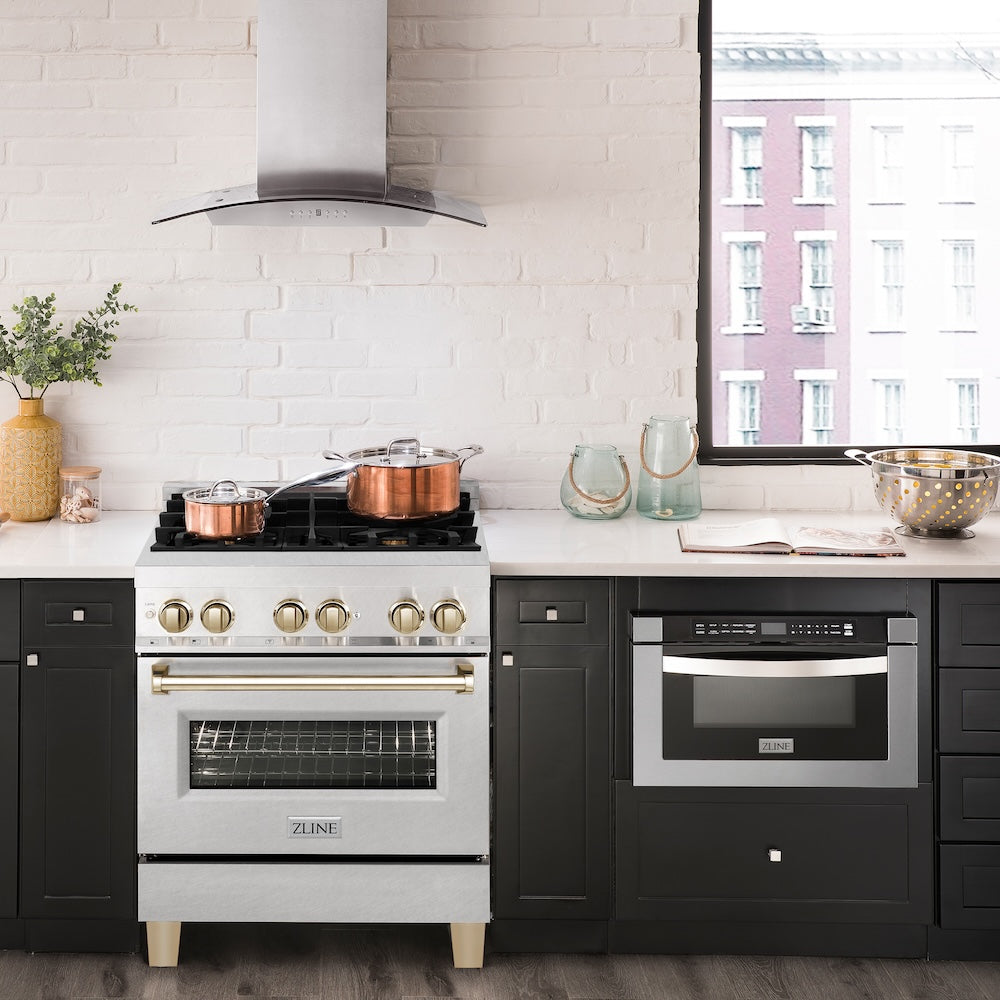 Autograph Edition 30 In. 4.0 Cu. Ft. Legacy Dual Fuel Range With 4 Burner Gas Cooktop And Electric Convection Oven In Satin Stainless Steel And Polished Gold Accents RASZSN30G