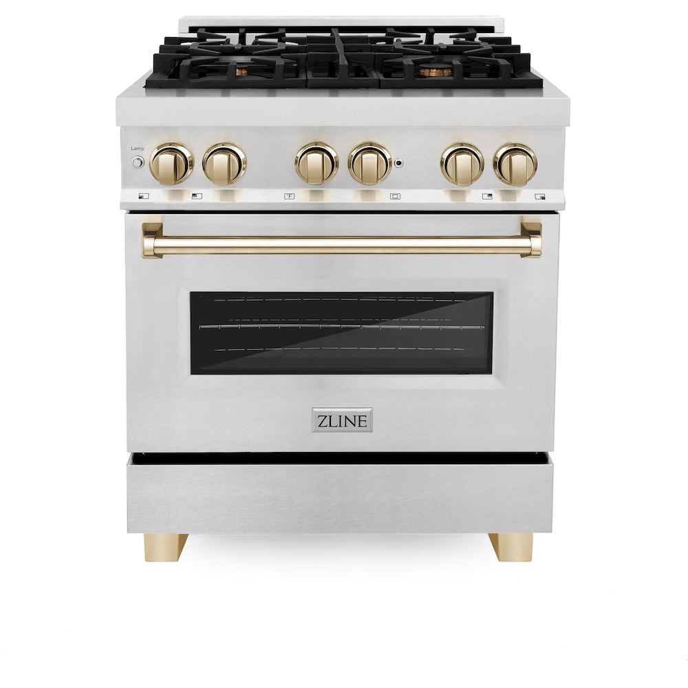 Autograph Edition 30 In. 4.0 Cu. Ft. Legacy Dual Fuel Range With 4 Burner Gas Cooktop And Electric Convection Oven In Satin Stainless Steel And Polished Gold Accents RASZSN30G