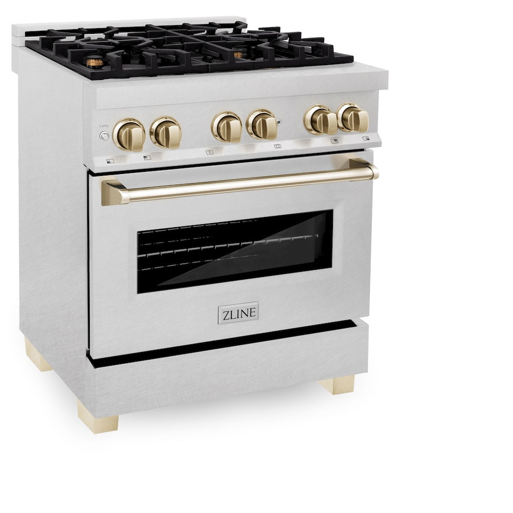 Autograph Edition 30 In. 4.0 Cu. Ft. Legacy Dual Fuel Range With 4 Burner Gas Cooktop And Electric Convection Oven In Satin Stainless Steel And Polished Gold Accents RASZSN30G