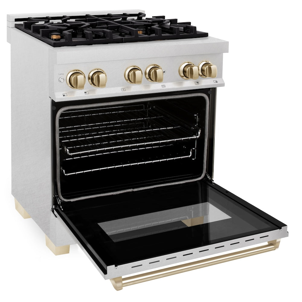 Autograph Edition 30 In. 4.0 Cu. Ft. Legacy Dual Fuel Range With 4 Burner Gas Cooktop And Electric Convection Oven In Satin Stainless Steel And Polished Gold Accents RASZSN30G