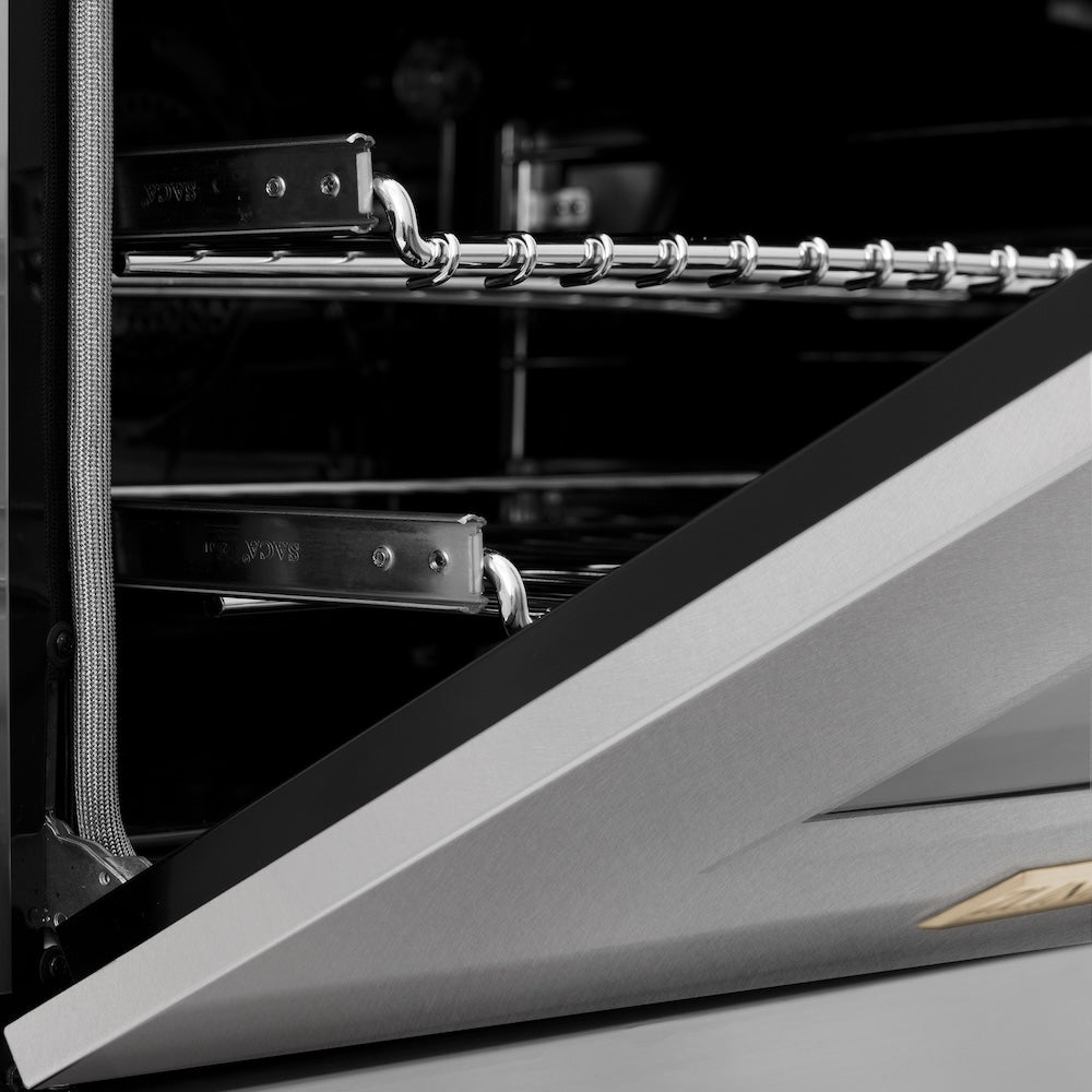 Autograph Edition 30 In. 4.0 Cu. Ft. Legacy Dual Fuel Range With 4 Burner Gas Cooktop And Electric Convection Oven In Satin Stainless Steel And Polished Gold Accents RASZSN30G