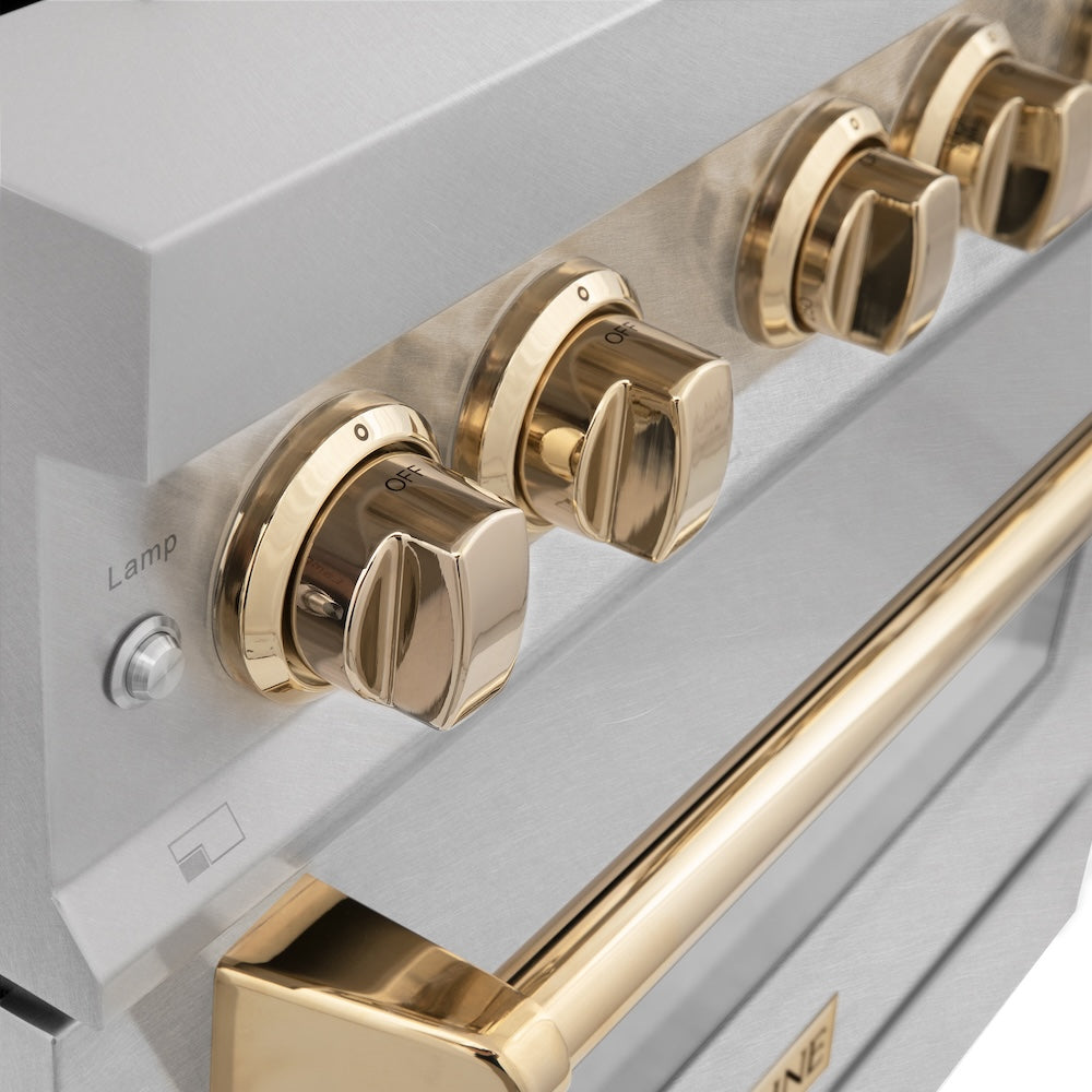 Autograph Edition 30 In. 4.0 Cu. Ft. Legacy Dual Fuel Range With 4 Burner Gas Cooktop And Electric Convection Oven In Satin Stainless Steel And Polished Gold Accents RASZSN30G