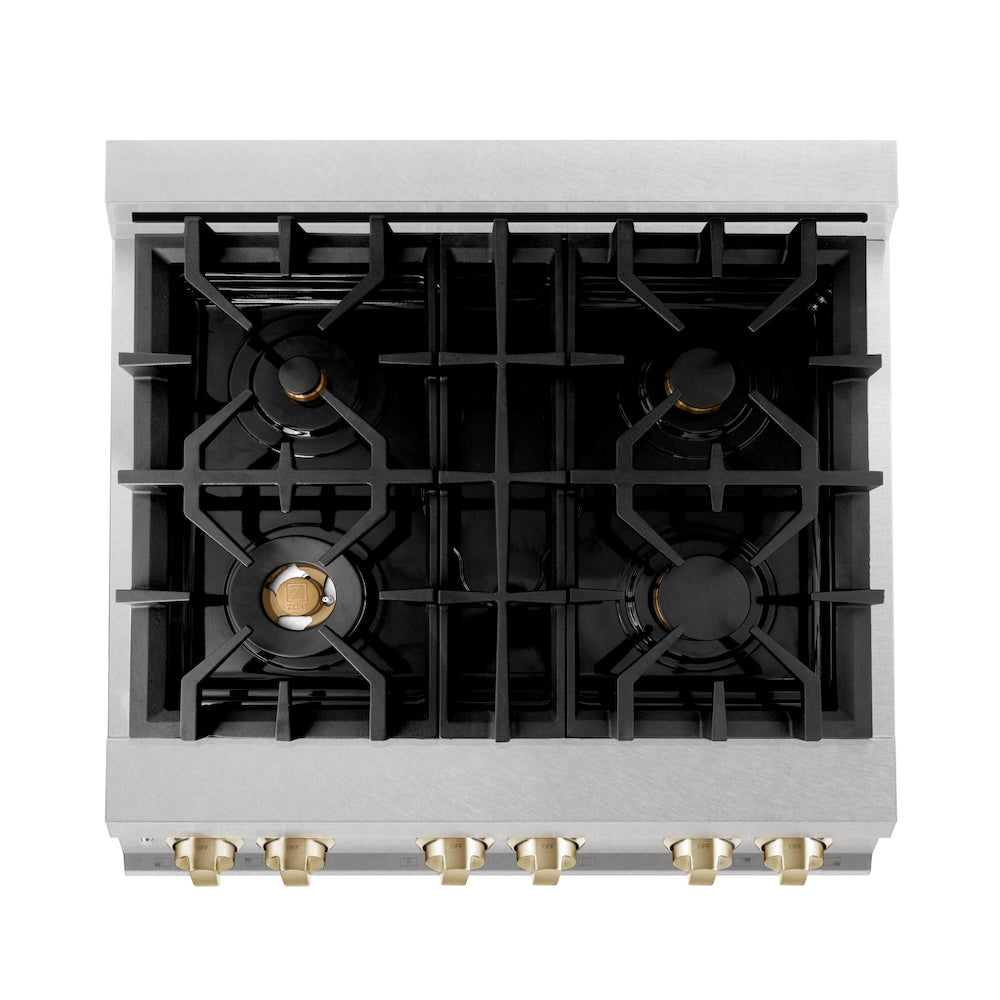Autograph Edition 30 In. 4.0 Cu. Ft. Legacy Dual Fuel Range With 4 Burner Gas Cooktop And Electric Convection Oven In Satin Stainless Steel And Polished Gold Accents RASZSN30G