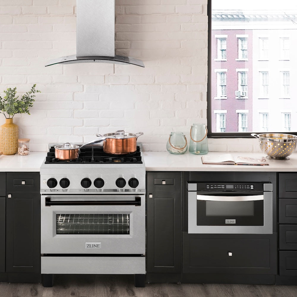 Autograph Edition 30 In. 4.0 Cu. Ft. Legacy Dual Fuel Range With 4 Burner Gas Cooktop And Electric Convection Oven In Satin Stainless Steel And Matte Black Accents RASZSN30MB