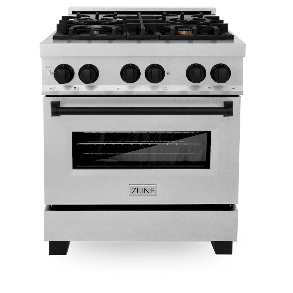 Autograph Edition 30 In. 4.0 Cu. Ft. Legacy Dual Fuel Range With 4 Burner Gas Cooktop And Electric Convection Oven In Satin Stainless Steel And Matte Black Accents RASZSN30MB