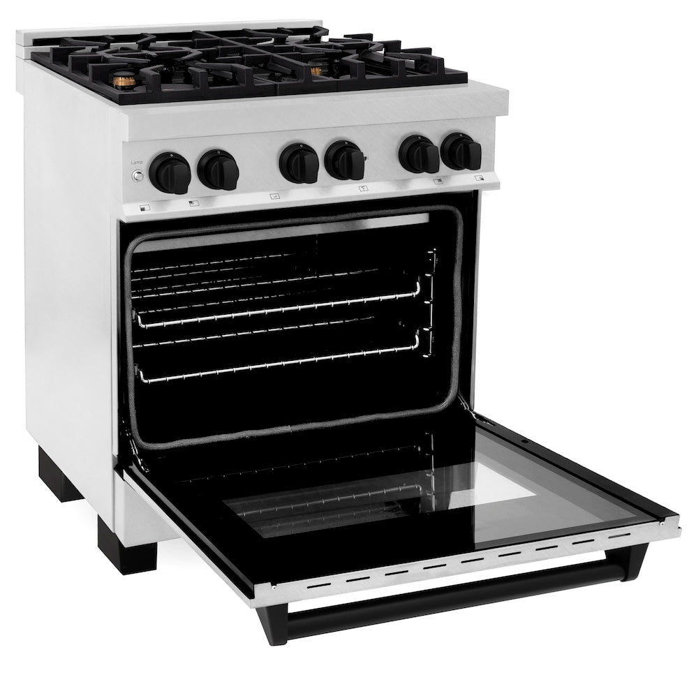 Autograph Edition 30 In. 4.0 Cu. Ft. Legacy Dual Fuel Range With 4 Burner Gas Cooktop And Electric Convection Oven In Satin Stainless Steel And Matte Black Accents RASZSN30MB