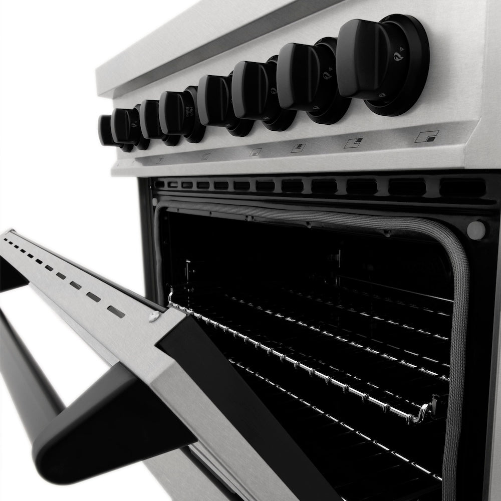 Autograph Edition 30 In. 4.0 Cu. Ft. Legacy Dual Fuel Range With 4 Burner Gas Cooktop And Electric Convection Oven In Satin Stainless Steel And Matte Black Accents RASZSN30MB
