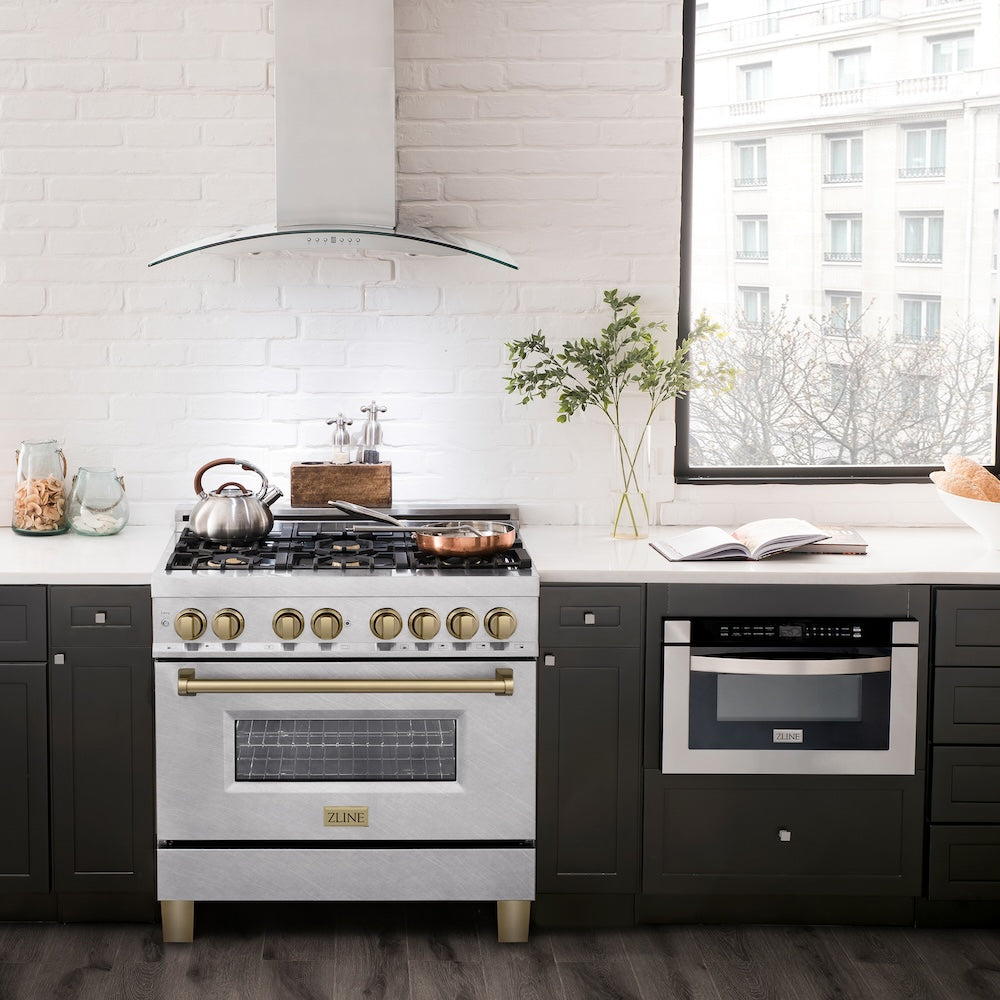 Autograph Edition 36 In. 4.6 Cu. Ft. Legacy Dual Fuel Range With 6 Burner Gas Cooktop And Electric Convection Oven In Satin Stainless Steel And Champagne Bronze Accents RASZSN36CB